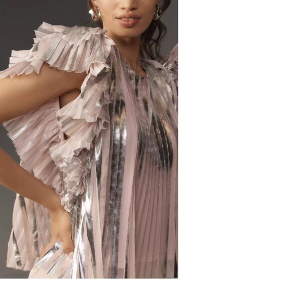 By Anthropologie Flutter-Sleeve Foil Pleated size M pink new with tag nwt - Picture 3 of 7